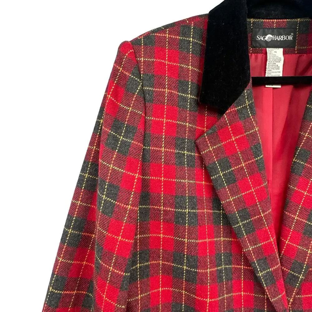 VTG Sag Harbor Blazer 14 Red Plaid Academia Christmas Career Old Money Wool 90s